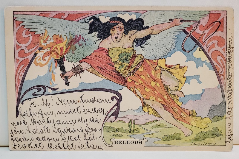 BELLONA , ZEITA A RAZBOIULUI , ALEGORIE ART NOUVEAU , CROMOLITOGRAFIE , CARTE POSTALA , CLASICA