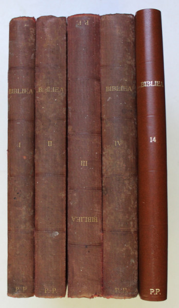 BIBLIA SAU TESTAMENTUL VECHIU SI NOU , TIPARITA IN ZILELE DOMNITORULUI BARBU DIMITRIE STIRBEI , CU BINECUVANTAREA EPISCOPULUI D.D. FILOTEIU , 5 VOLUME ,  BUZAU , LIMBA ROMANA CU CARACTERE CHIRILICE , 1854 - 1856