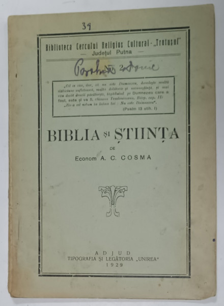 BIBLIA SI STIINTA de ECONOM. A.C. COSMA , 1929