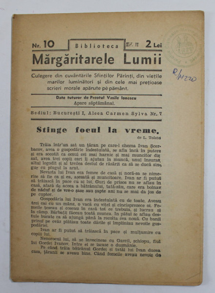 BIBLIOTECA '' MARGARITARELE LUMII '' NR. 10 , REVISTA TEOLOGICA ,  EDITIE INTERBELICA