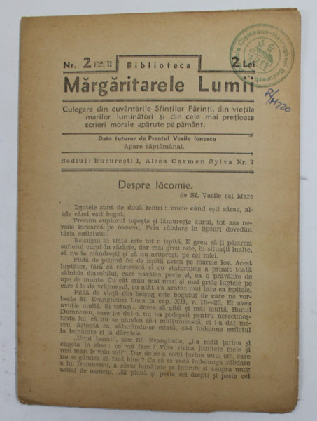 BIBLIOTECA '' MARGARITARELE LUMII '' NR. 2 , REVISTA TEOLOGICA ,  EDITIE INTERBELICA