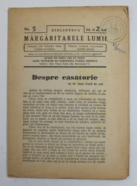 BIBLIOTECA '' MARGARITARELE LUMII '' NR. 5 , REVISTA TEOLOGICA ,  EDITIE INTERBELICA