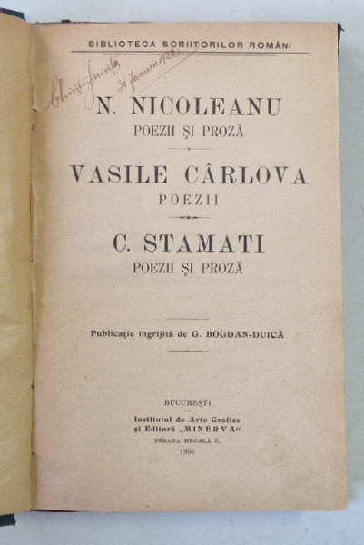 Biblioteca Scriitorilor Romani, N. Nicoleanu, C. Stamati, V. Carlova, Bucuresti 1906