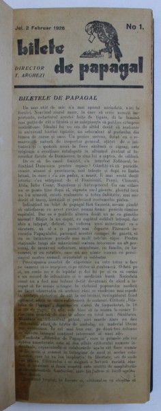 " BILETE DE PAPAGAL "- DIRECTOR T . ARGHEZI  , COLEGAT DE 100 DE NUMERE CONSECUTIVE ALE ZIARULUI , APARUTE INTRE 2 FEBRUARIE  SI  3 IUNIE , 1938