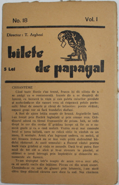 BILETE DE PAPAGAL , NR. 18 , VOL. I  , director TUDOR ARGHEZI , INTERBELICA