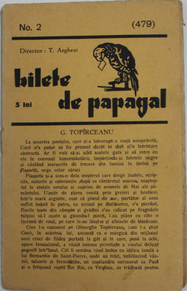 BILETE DE PAPAGAL , NR. 2 / 479 , director TUDOR ARGHEZI , INTERBELICA