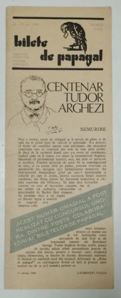 BILETE DE PAPAGAL , NUMAR UNIC , DIRECTOR FONDATOR TUDOR ARGHEZI , 21 -23 MAI 1980