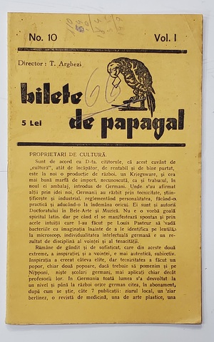 BILETE DE PAPAGAL , REVISTA , DIRECTOR TUDOR ARGHEZI , NR. 10 , VOLUMUL I  , ANII '37 - ' 38