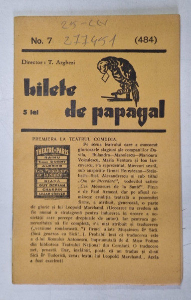 BILETE DE PAPAGAL , REVISTA , DIRECTOR TUDOR ARGHEZI , NR. 7 / 484 , ANII '37 - ' 38
