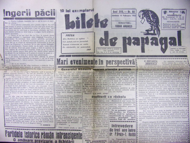 BILETE DE PAPAGAL-TUDOR ARGHEZI, NR. 44 , 1945
