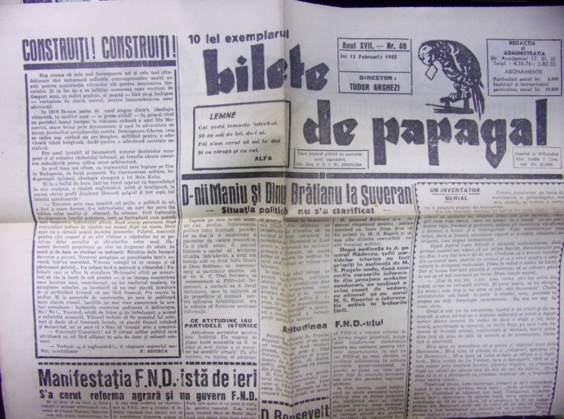 BILETE DE PAPAGAL-TUDOR ARGHEZI, NR. 48 , 1945
