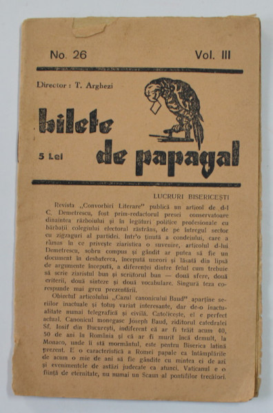 BILETE DE PAPAGAL , VOLUMUL III , nr. 26 /503 , EDITIE INTERBELICA