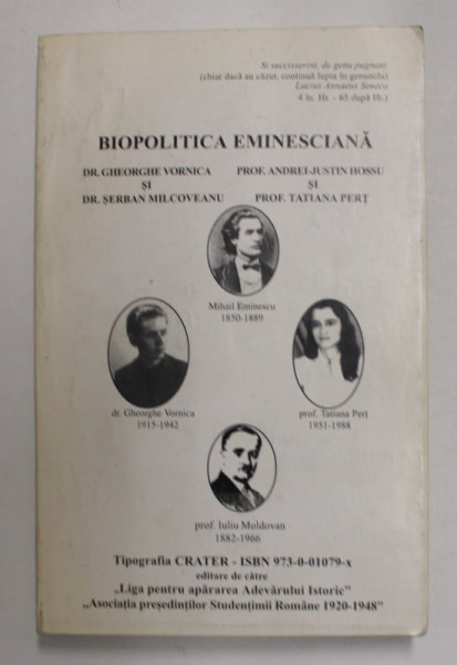 BIOPOLITICA EMINESCIANA de DR. GHEORGHE VORNICA si DR . SERBAN MILCOVEANU , ANIII '90 , PREZINTA SUBLINIERI CU PIXUL *