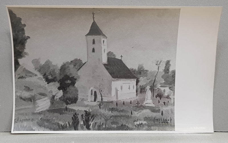 BISERICA CU CIMITIR , FOTOGRAFIE DUPA UN TABLOU DE PICTORUL ALEXANDRU BASSARAB , MONOCROMA, PERIOADA INTERBELICA