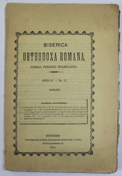 BISERICA ORTHODOXA ROMANA , JURNAL PERIODIC ECLESIASTIC , ANUL IV , NR. 4 , IANUARIE  , 1878
