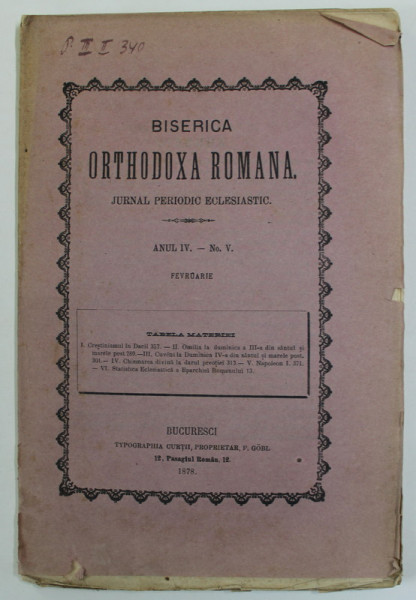 BISERICA ORTHODOXA ROMANA , JURNAL PERIODIC ECLESIASTIC , ANUL IV , NR. 5 , FEBRUARIE , 1878