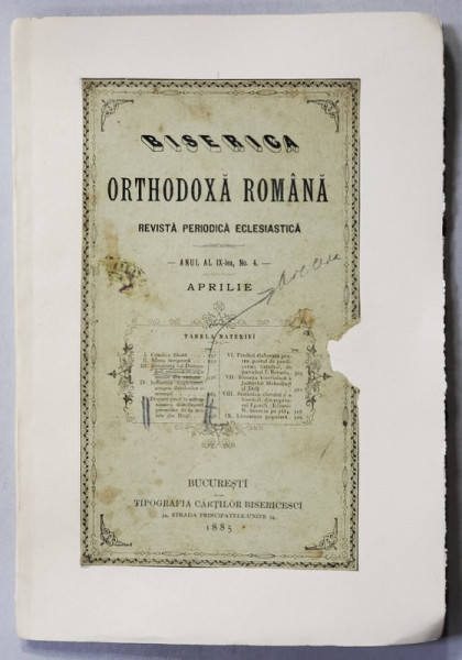 BISERICA ORTHODOXA ROMANA - REVISTA PERIODICA ECLESIASTICA , ANUL IX , NR. 4 , APRILIE , 1885