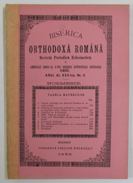 BISERICA ORTHODOXA ROMANA , REVISTA  PERIODICA  ECLESIASTICA  , ANUL XXII ,  NR. 8   , NOIEMBRIE ,  1898