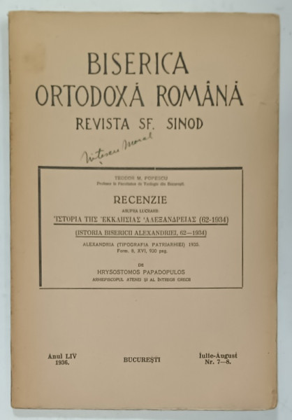 BISERICA ORTODOXA ROMANA , REVISTA SF. SINOD , NR. 7- 8 , 1936
