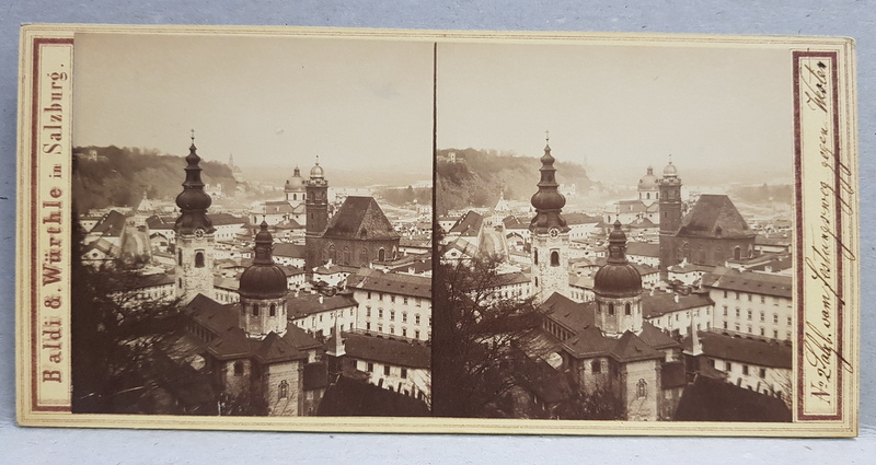 BISERICI IN SALZBURG , FOTOGRAFIE STEROSCOPICA , MONOCROMA, PE CARTON , CCA. 1900