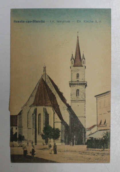 BISTRITA ( NASAUD ) - BISERICA EVANGHELICA , CARTE POSTALA POLICROMA , CIRCULATA , DATATA 1923