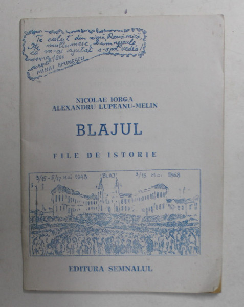 BLAJUL - FILE DE ISTORIE de NICOLAE IORGA si ALEXANDRU LUPEANU - MELIN , 1990