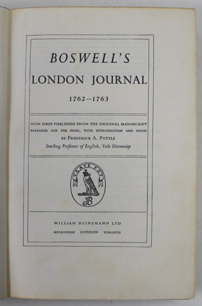 BOSWELL'S LONDON JOURNAL 1762 - 1763 , APARUTA 1951