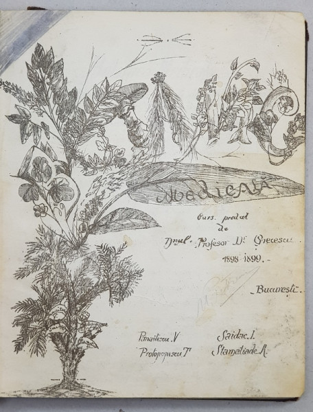 BOTANICA MEDICALA , CURS PREDAT DE PROF. DR. GRECESCU  1898 - 1899 , INTERNATUL MEDICO - MILITAR , BUCURESTI , CURS  LITOGRAFIAT DUPA MANUSCRISUL UNUI STUDENT , 25 MAI 1899 , COTOR DIN PIELE USOR DESPRINS *