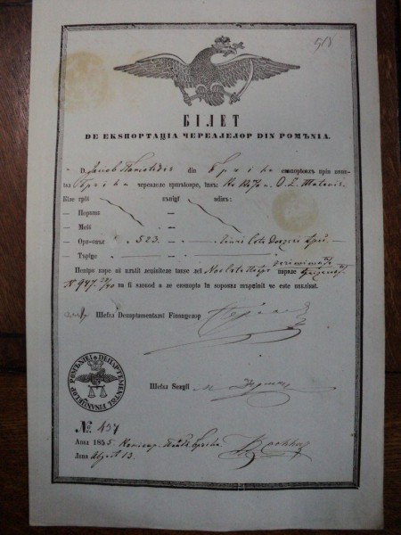 Braila, bilet export  cereale pentru negustorul Iacob Paniotidis, 1855