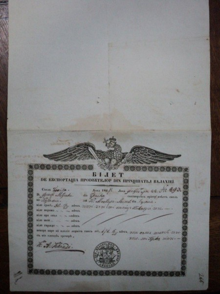 Braila, bilet pentru exportul produselor din Valahia pe numele fratilor Mitreli 1847
