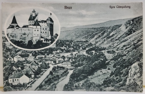 BRAN , VEDERE SPRE CAMPULUNG SI CASTELUL IN MEDALION , CARTE POSTALA , INCEPUTUL SEC. XX