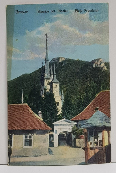 BRASOV - BISERICA SFANTUL NICOLAE , PIATA PRUNDULUI , CARTE POSTALA ILUSTRATA , POLICROMA, NECIRCULATA , DATATA 1923