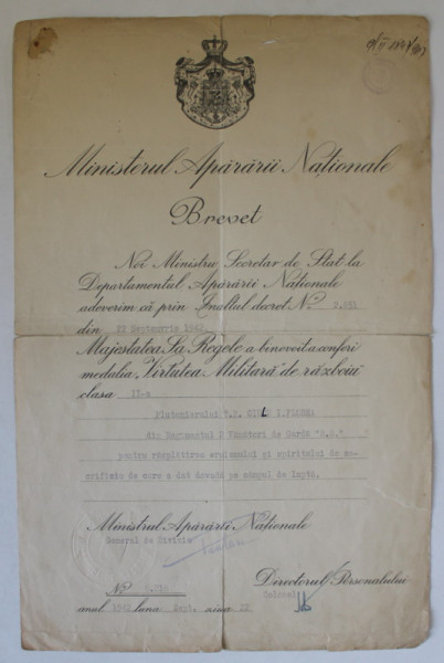 BREVET DE ACORDARE A MEDALIEI ' VIRTUTEA MILITARA DE RAZBOI - CLASA A II -A ' , 22 SEPT. 1942