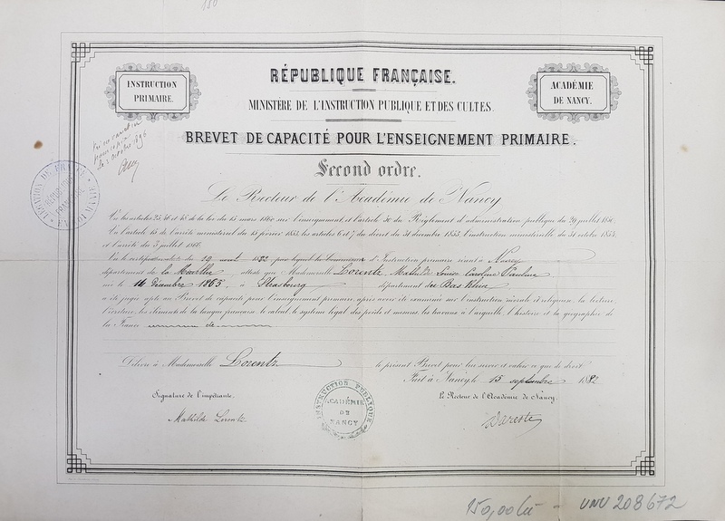 BREVET DE CAPACITE POUR L 'ENSEIGNEMENT PRIMAIRE  - SECOND ORDRE , ACADEMIE DE NANCY , A MADAME LORENZ MATHILDE , 1882