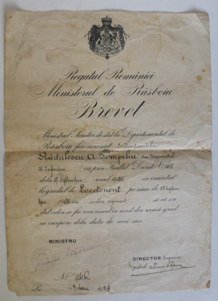 BREVET DE INAINTARE LA GRADUL DE LOCOTENENT , REGATUL ROMANIEI , 28 SEPTEMBRIE , 1926