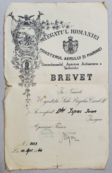 Brevet Insigna Apararii Pasive, Carol II, 1940