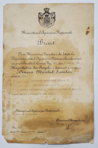 BREVET PENTRU ACORDAREA DECORATIEI '' CRUCEA MERITUL SANITAR '' ..PENTRU DEVOTAMENT IN RAZBOIUL CONTRA RUSIEI SOVIETICE IN ANUL 1941 , ACORDAT IN  1942