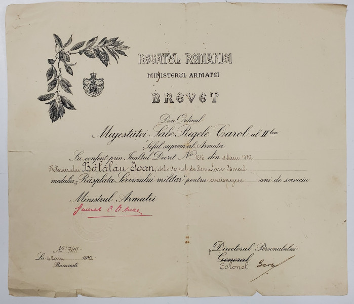 BREVET  PENTRU ACORDAREA MEDALIEI  '' RASPLATA SERVICIULUI MILITAR '' LA 15 ANI DE  SERVICIU ,  11 MAI , 1932