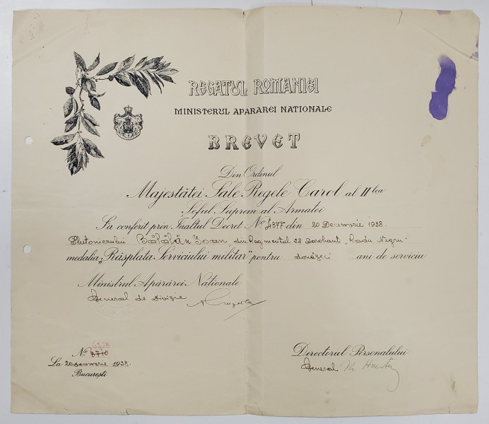 BREVET  PENTRU ACORDAREA MEDALIEI  '' RASPLATA SERVICIULUI MILITAR '' LA  20  ANI  DE SERVICIU , 20 DEC. , 1938