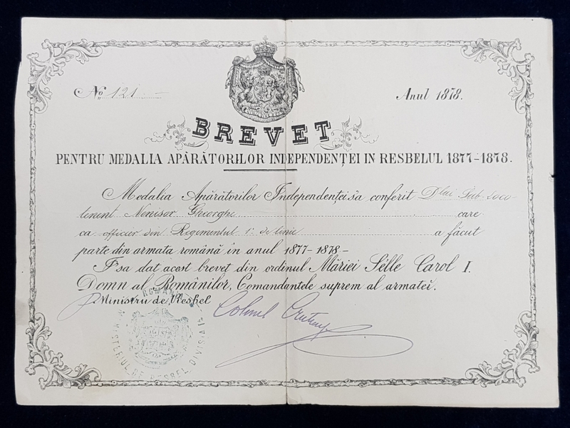 Brevet pentru Medalia Aparatorilor Independentei in Razboiul 1877-1878
