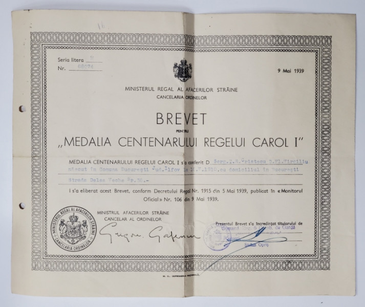 BREVET PENTRU ' MEDALIA CENTENARULUI REGELUI CAROL I ' , 9 MAI 1939