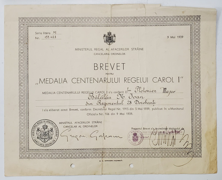 BREVET PENTRU '' MEDALIA CENTENARULUI REGELUI CAROL I '' , 9 MAI , 1939