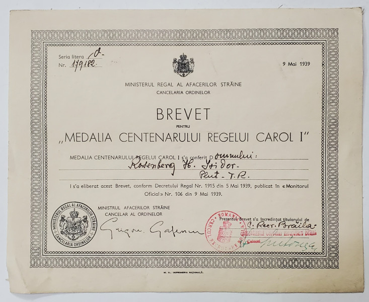 BREVET PENTRU '' MEDALIA CENTENARULUI REGELUI CAROL I '' , 9 MAI 1939