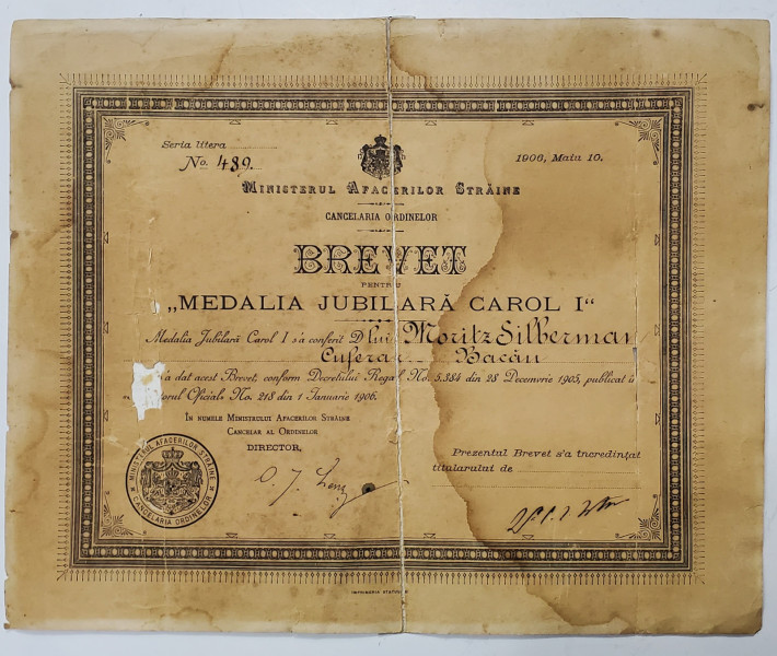 BREVET PENTRU '' MEDALIA JUBILIARA CAROL I '' , ACORDAT LA 10 MAI , 1906