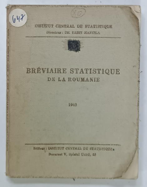 BREVIAIRE STATISTIQUE DE LA ROUMANIE, 1940