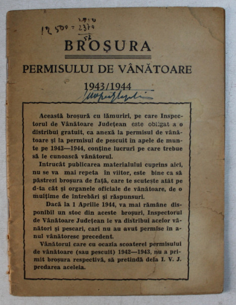 BROSURA PERMISULUI DE VANATOARE 1943 / 1944