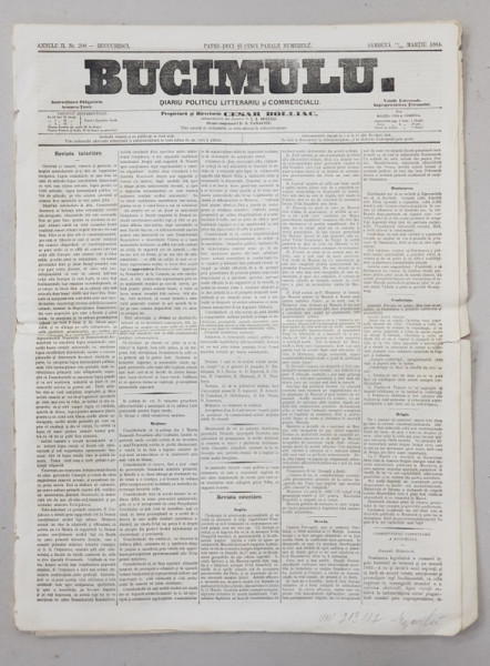 BUCIMULU - DIARIU POLITICU LITTERARIU SI COMMERCIALU , PROPRIETAR CEZAR BOLLIAC , ANUL II , NR. 206 , SAMBATA , 14 / 26 MARTIE 1864