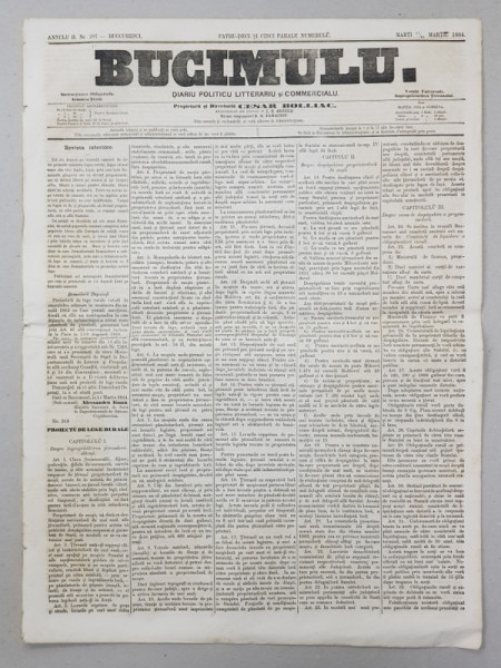 BUCIMULU - DIARIU POLITICU LITTERARIU SI COMMERCIALU , PROPRIETAR CEZAR BOLLIAC , ANUL II , NR. 207 , MAR  , 17  / 29 MARTIE 1864