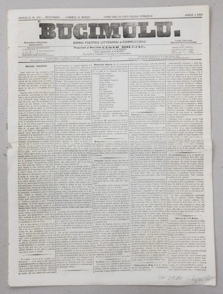 BUCIMULU - DIARIU POLITICU LITTERARIU SI COMMERCIALU , PROPRIETAR CEZAR BOLLIAC , ANUL II , NR. 209 , SAMBATA 21  MARTIE / 2 APRILIE , 1864