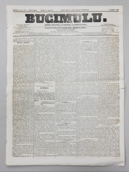 BUCIMULU - DIARIU POLITICU LITTERARIU SI COMMERCIALU , PROPRIETAR CEZAR BOLLIAC , ANUL II , NR. 210  , MARTI 24 MARTIE / 5 APRILIE ,  1864